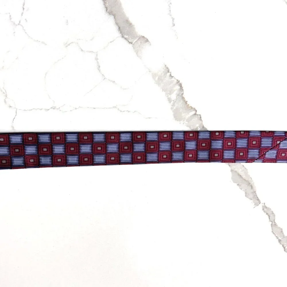 CRAZY HORSE Men's Burgundy Blue Geometric Oxford Tie Necktie 100% Silk Classic